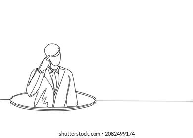 Single continuous line drawing confused businessman emerges from the hole. Depressed and business failure concept. Metaphor. Failure. Defeat. Dynamic one line draw graphic design vector illustration