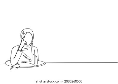 Single continuous line drawing confused Arabian businesswoman emerges from the hole. Depressed and business failure concept. Metaphor. Failure. Defeat. One line draw graphic design vector illustration