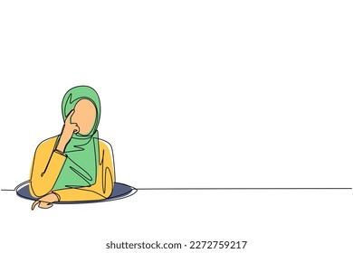 Single continuous line drawing confused Arabian businesswoman emerges from the hole. Depressed and business failure concept. Metaphor. Failure. Defeat. One line draw graphic design vector illustration
