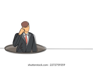 Single continuous line drawing confused businessman emerges from the hole. Depressed and business failure concept. Metaphor. Failure. Defeat. Dynamic one line draw graphic design vector illustration