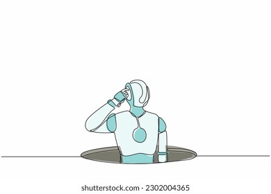 Single continuous line drawing confused robot emerges from the hole. Modern robotic artificial intelligence technology. Electronic technology industry. One line draw graphic design vector illustration