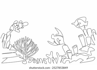 Single continuous line drawing coral reefs with a variety of fish, anemones and marine plants. Habitat of small animals in the sea. Biota. World Aquatic Animal Day. One line design vector illustration