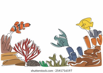 Single continuous line drawing coral reefs with a variety of fish, anemones and marine plants. Habitat of small animals in the sea. Biota. World Aquatic Animal Day. One line design vector illustration