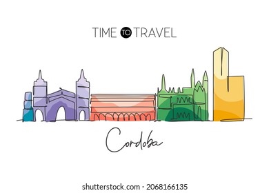 Single continuous line drawing of Cordoba city skyline, Spain. Famous skyscraper and landscape postcard. World travel wall decor poster print concept. Modern one line draw design vector illustration