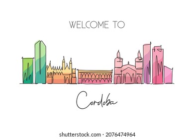 Single continuous line drawing of Cordoba city skyline, Argentina. Famous city scraper landscape postcard print art. World travel destination concept. Modern one line draw design vector illustration