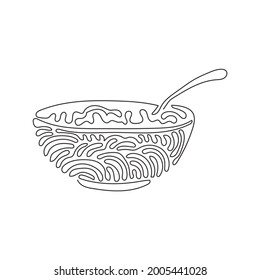 Single continuous line drawing corn flakes, cereal and milk splash in bowl. Healthy breakfast for children in the morning. Swirl curl style. Dynamic one line draw graphic design vector illustration