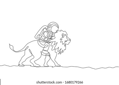 Single continuous line drawing of cosmonaut with spacesuit riding lion, wild animal in moon surface. Fantasy astronaut safari journey concept. Trendy one line draw graphic design vector illustration