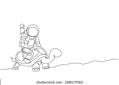 Single continuous line drawing of cosmonaut with spacesuit riding tortoise and waving hand in moon surface. Fantasy astronaut safari journey concept. Trendy one line draw design vector illustration