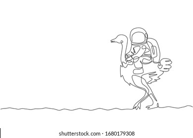 Single continuous line drawing of cosmonaut with spacesuit riding ostrich, big bird animal in moon surface. Fantasy astronaut safari journey concept. Trendy one line draw design vector illustration