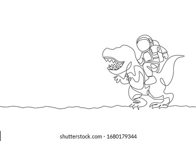 Single continuous line drawing of cosmonaut with spacesuit riding t-rex, wild animal in moon surface. Fantasy astronaut safari journey concept. Trendy one line draw design graphic vector illustration