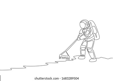 Single continuous line drawing cosmonaut leveling and flattening land using metal rake in moon surface. Galaxy astronaut farming life concept. Trendy one line graphic draw design vector illustration