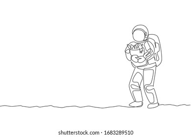 Single continuous line drawing of cosmonaut bring paper bag full of groceries on chest in moon surface. Galaxy astronaut farming life concept. Trendy one line draw graphic design vector illustration