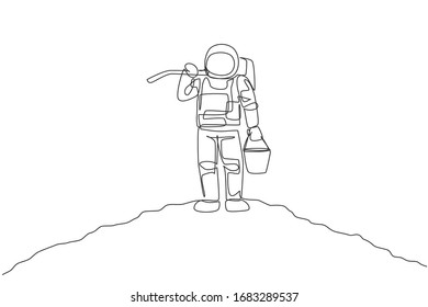 Single continuous line drawing of cosmonaut carrying bucket and hoe on shoulder while standing in moon surface. Galaxy astronaut farming life concept. Trendy one line draw design vector illustration