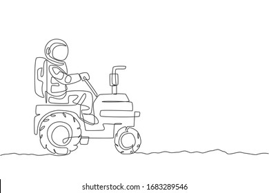 Single continuous line drawing of cosmonaut riding tractor to leveling and flattening the ground in moon surface. Galaxy astronaut farming life concept. Trendy one line draw design vector illustration