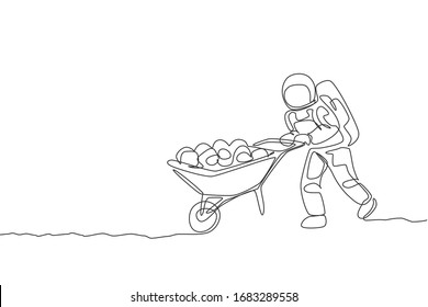 Single continuous line drawing of cosmonaut pushing wheelbarrow full of fruits and vegetables in moon surface. Galaxy astronaut farming life concept. Trendy one line draw design vector illustration