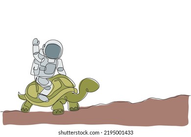 Single continuous line drawing of cosmonaut with spacesuit riding tortoise and waving hand in moon surface. Fantasy astronaut safari journey concept. Trendy one line draw design vector illustration