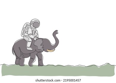 Single continuous line drawing of cosmonaut with spacesuit riding Asian elephant, wild animal in moon surface. Fantasy astronaut safari journey concept. Trendy one line draw design vector illustration