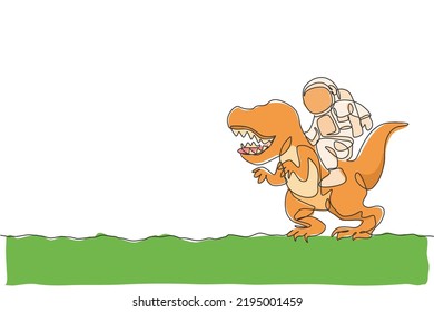 Single continuous line drawing of cosmonaut with spacesuit riding t-rex, wild animal in moon surface. Fantasy astronaut safari journey concept. Trendy one line draw design graphic vector illustration