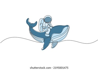 Single continuous line drawing of cosmonaut with spacesuit riding blue whale, giant mammal animal in universe. Fantasy astronaut safari journey concept. Trendy one line draw design vector illustration