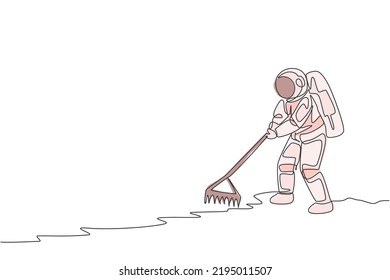 Single continuous line drawing cosmonaut leveling and flattening land using metal rake in moon surface. Galaxy astronaut farming life concept. Trendy one line graphic draw design vector illustration