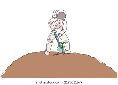 Single continuous line drawing of cosmonaut digging up soil using metal shovel in moon surface. Galaxy astronaut farming life concept. Trendy one line draw design graphic vector illustration