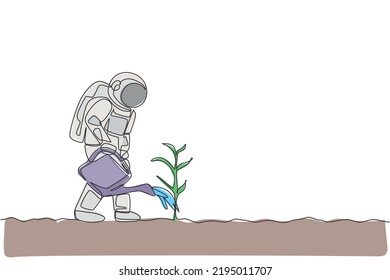 Single continuous line drawing cosmonaut watering plant tree using plastic watering can in moon surface. Galaxy astronaut farming life concept. Trendy one line draw design graphic vector illustration