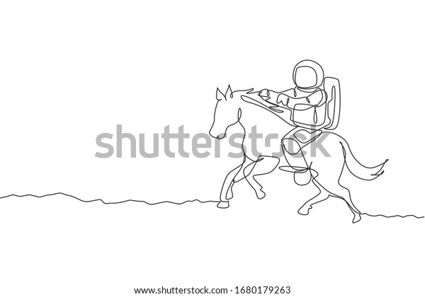 Single continuous line drawing of cosmonaut
with spacesuit riding horse, wild animal in moon surface. Fantasy
astronaut safari journey concept. Trendy one line draw design
vector graphic
illustration