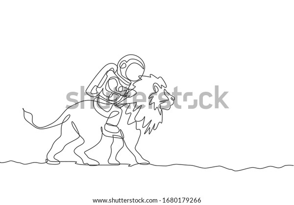 Single continuous line drawing of cosmonaut\
with spacesuit riding lion, wild animal in moon surface. Fantasy\
astronaut safari journey concept. Trendy one line draw graphic\
design vector\
illustration