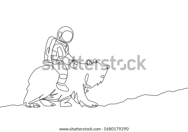 Single continuous line drawing of cosmonaut\
with spacesuit riding bear, wild animal in moon surface. Fantasy\
astronaut safari journey concept. Trendy one line draw design\
graphic vector\
illustration