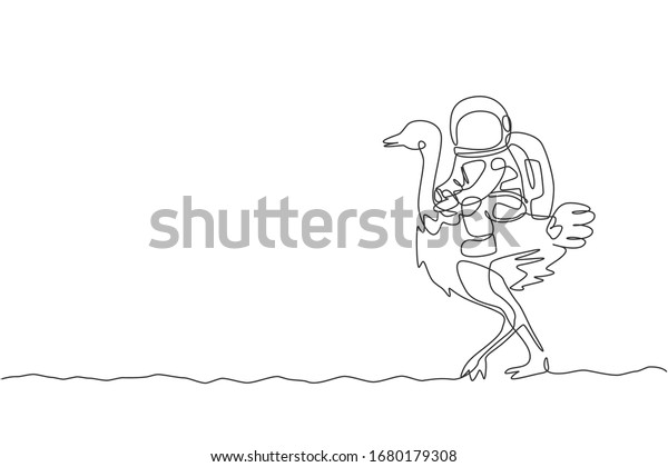 Single continuous line drawing of cosmonaut\
with spacesuit riding ostrich, big bird animal in moon surface.\
Fantasy astronaut safari journey concept. Trendy one line draw\
design vector\
illustration