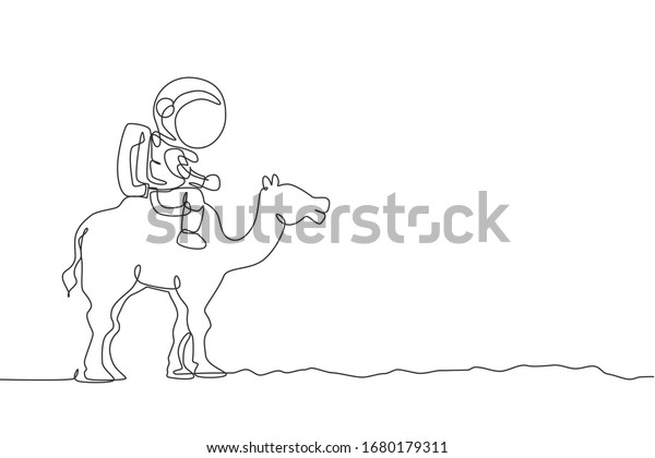 Single continuous line drawing of cosmonaut\
with spacesuit riding desert camel, farm animal in moon surface.\
Fantasy astronaut safari journey concept. Trendy one line draw\
design vector\
illustration