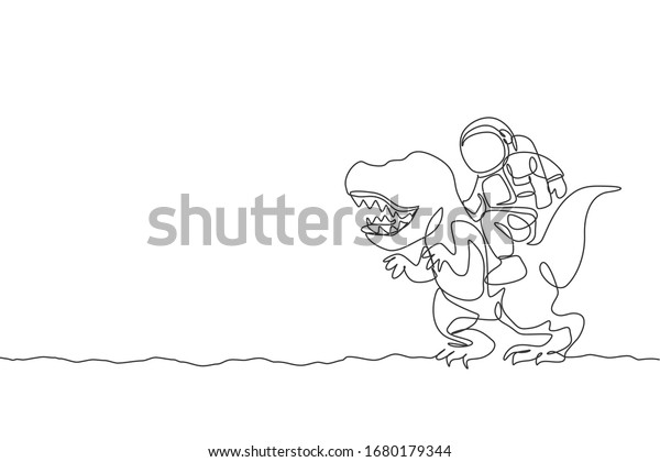 Single continuous line drawing of cosmonaut\
with spacesuit riding t-rex, wild animal in moon surface. Fantasy\
astronaut safari journey concept. Trendy one line draw design\
graphic vector\
illustration