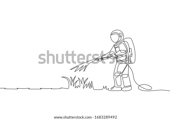Single continuous line drawing cosmonaut watering\
green grass using metal plastic hose in moon surface. Galaxy\
astronaut farming life concept. Trendy one line draw design vector\
illustration graphic