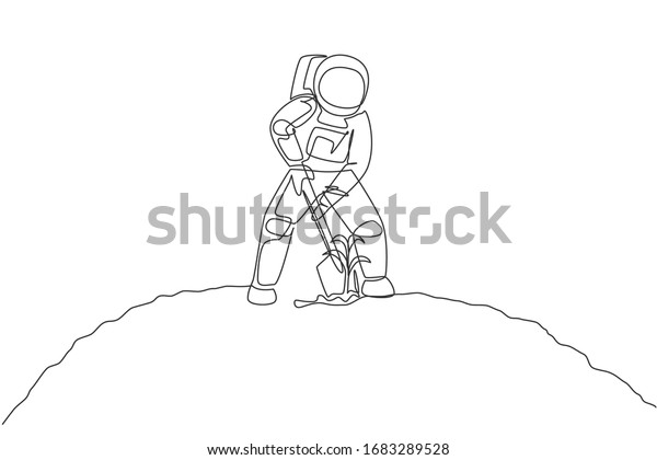 Single continuous line drawing of cosmonaut\
digging up soil using metal shovel in moon surface. Galaxy\
astronaut farming life concept. Trendy one line draw design graphic\
vector illustration