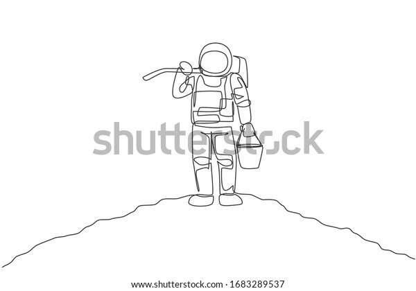 Single continuous line drawing of cosmonaut\
carrying bucket and hoe on shoulder while standing in moon surface.\
Galaxy astronaut farming life concept. Trendy one line draw design\
vector illustration