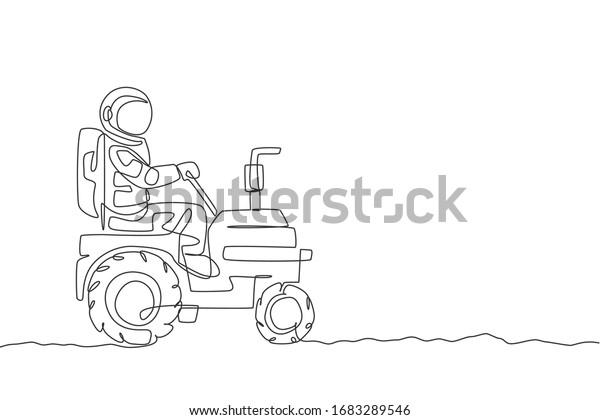 Single continuous line drawing of cosmonaut\
riding tractor to leveling and flattening the ground in moon\
surface. Galaxy astronaut farming life concept. Trendy one line\
draw design vector\
illustration