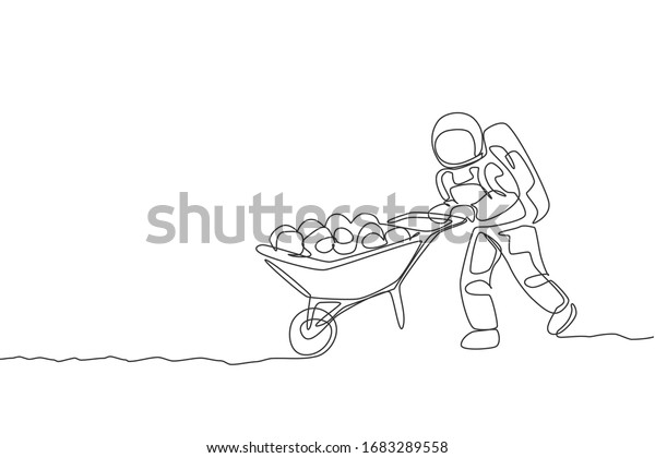 Single continuous line drawing of cosmonaut\
pushing wheelbarrow full of fruits and vegetables in moon surface.\
Galaxy astronaut farming life concept. Trendy one line draw design\
vector illustration