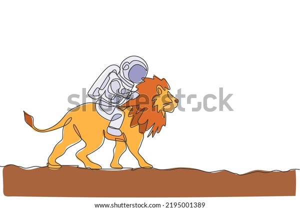 Single continuous line drawing of cosmonaut\
with spacesuit riding lion, wild animal in moon surface. Fantasy\
astronaut safari journey concept. Trendy one line draw graphic\
design vector\
illustration