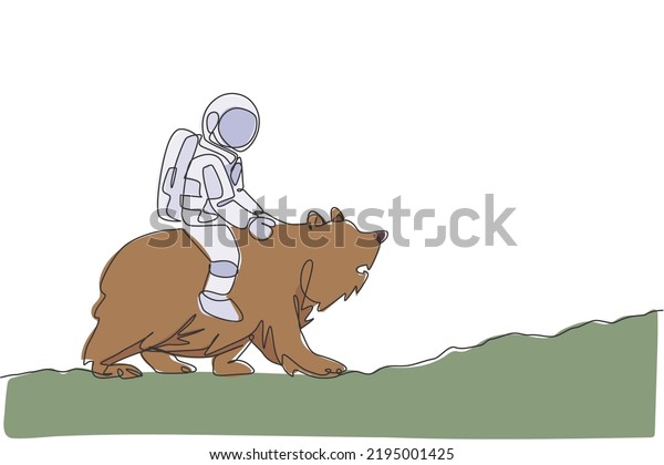Single continuous line drawing of cosmonaut
with spacesuit riding bear, wild animal in moon surface. Fantasy
astronaut safari journey concept. Trendy one line draw design
graphic vector
illustration