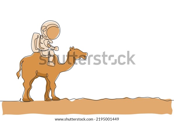 Single continuous line drawing of cosmonaut\
with spacesuit riding desert camel, farm animal in moon surface.\
Fantasy astronaut safari journey concept. Trendy one line draw\
design vector\
illustration