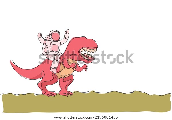 Single continuous line drawing of cosmonaut\
with spacesuit riding tyrannosaurus, wild animal in moon surface.\
Fantasy astronaut safari journey concept. Trendy one line draw\
design vector\
illustration