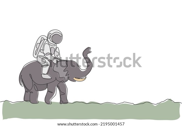 Single continuous line drawing of cosmonaut\
with spacesuit riding Asian elephant, wild animal in moon surface.\
Fantasy astronaut safari journey concept. Trendy one line draw\
design vector\
illustration