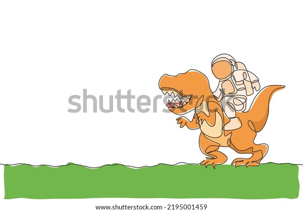 Single continuous line drawing of cosmonaut\
with spacesuit riding t-rex, wild animal in moon surface. Fantasy\
astronaut safari journey concept. Trendy one line draw design\
graphic vector\
illustration