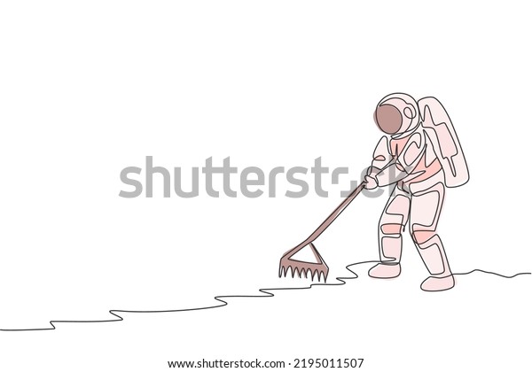 Single continuous line drawing cosmonaut\
leveling and flattening land using metal rake in moon surface.\
Galaxy astronaut farming life concept. Trendy one line graphic draw\
design vector\
illustration