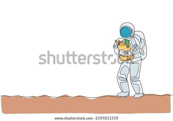 Single continuous line drawing of cosmonaut\
bring paper bag full of groceries on chest in moon surface. Galaxy\
astronaut farming life concept. Trendy one line draw graphic design\
vector illustration