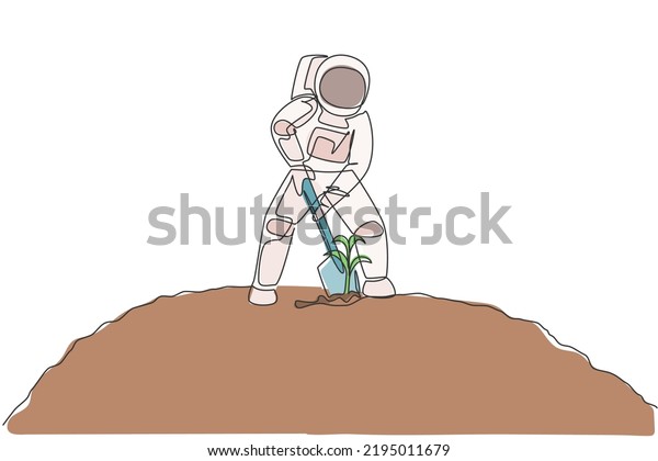 Single continuous line drawing of cosmonaut\
digging up soil using metal shovel in moon surface. Galaxy\
astronaut farming life concept. Trendy one line draw design graphic\
vector illustration