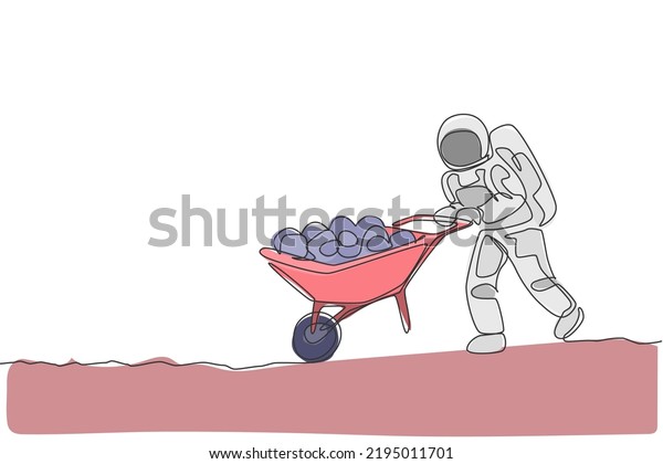 Single continuous line drawing of cosmonaut\
pushing wheelbarrow full of fruits and vegetables in moon surface.\
Galaxy astronaut farming life concept. Trendy one line draw design\
vector illustration