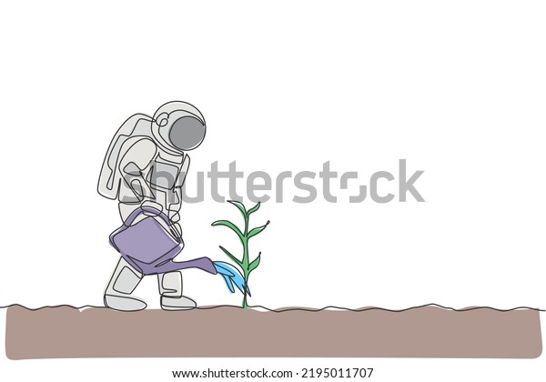 Single continuous line drawing cosmonaut\
watering plant tree using plastic watering can in moon surface.\
Galaxy astronaut farming life concept. Trendy one line draw design\
graphic vector\
illustration