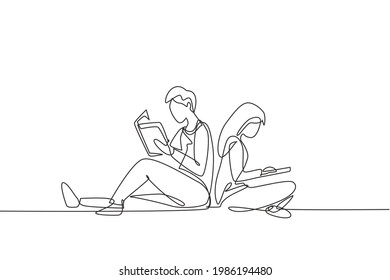 Single continuous line drawing couple students reading together, learning and sitting at park. Literature fans or lovers, education concept. Dynamic one line draw graphic design vector illustration