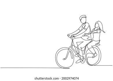 Single continuous line drawing couple have fun riding on bike. Romantic cycling couple holding hands. Togetherness of young husband and wife. Dynamic one line draw graphic design vector illustration